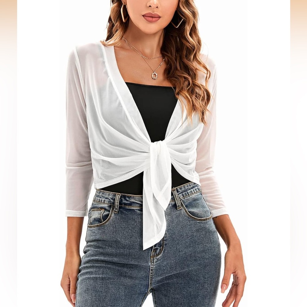 NWOT white semi sheer mesh tie front open front crop cardigan size 2XL